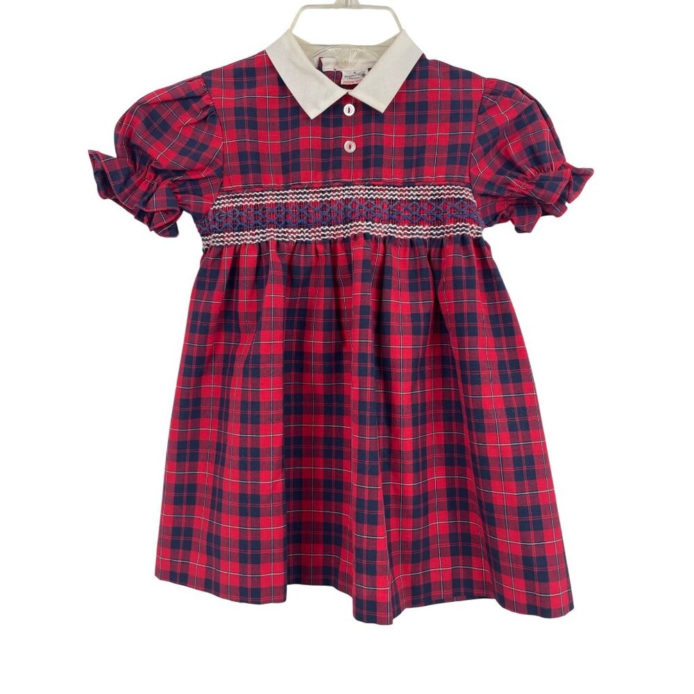 Vintage Sears Girls Plaid Smocked Dress w/Peter Pan Collar & Puff Sleeves Size 5